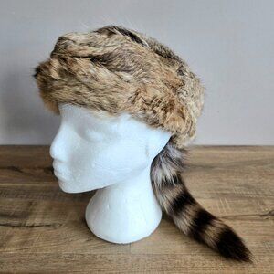 Vintage Davy Crockett Style Fur Hat Rabbitskin Racoon Tail